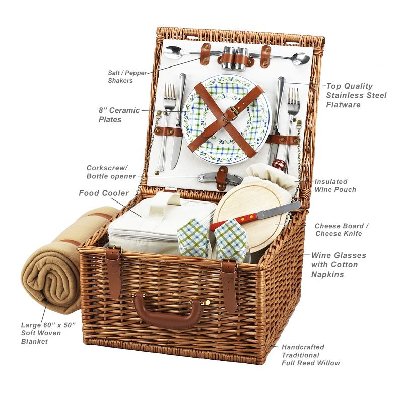 Picnic at Ascot Cheshire English- Style Willow Picnic Basket with Service for 2 and Blanket - Gazebo, 4 of 6