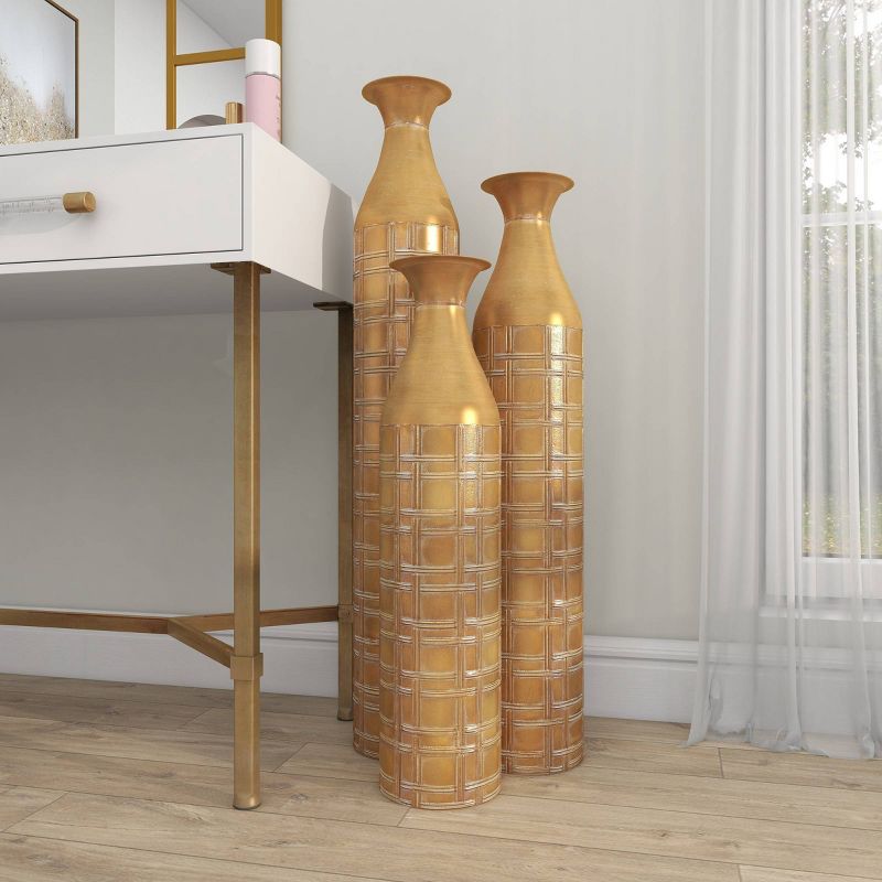 Set of 3 Metal Tall Distressed Metallic Vase with Etched Grid Patterns Gold - Olivia &#38; May, 4 of 18