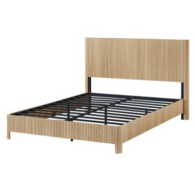 SEVOBAL Bedroom Furniture Bed Frame Queen Size Wooden Corrugated Curved Lines Sturdy Iron MDF No Box Spring for Family, Brown, 49.61"*26.57"*7.87"