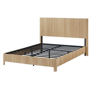 SEVOBAL Bedroom Furniture Bed Frame Queen Size Wooden Corrugated Curved Lines Sturdy Iron MDF No Box Spring for Family, Brown, 49.61"*26.57"*7.87" - 1 of 4