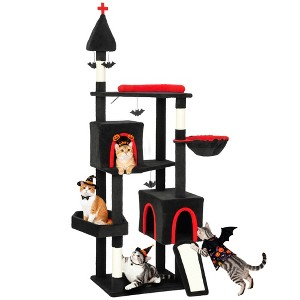 PawHut Gothic Cat Tree, 78" Cat Tower with Coffin Bed, 2 Spacious Condos, Sisal Scratching Posts, 4 Bat Hanging Balls, Comfy Hammock, Black Halloween - 1 of 4
