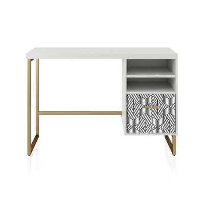 White MDF Single Pedestal Desk with Gold Legs and Drawer