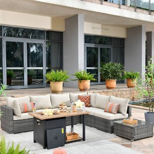 Ovios Venice 8pc Wicker Outdoor Patio Furniture Set Conversation Sofa with a Storage Fire Pit and Cushions - 1 of 4