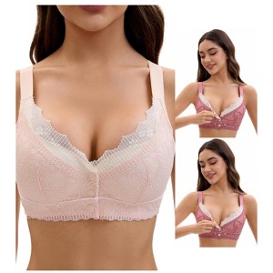 INSPIRE CHIC Front Closure for Women's Lace Full Coverage V Neck Wirefree Adjustable Straps Bras 3 Packs - 1 of 4