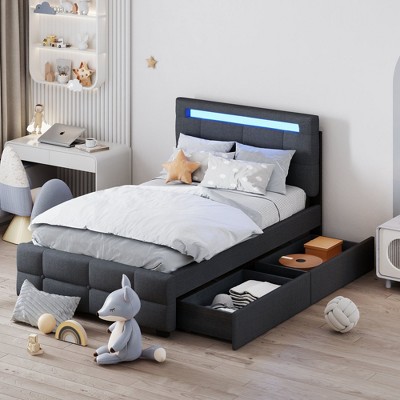 NicBex Twin Upholstered Bed Frame with Linen Headboard,Platform Bed Frame with LED Lights and 2 Drawers,Wood Slats Support,Easy Assembly,Beige/Gray