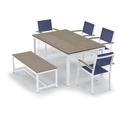 Travira 5pc Patio Set with 63" Rectangular Table, Bench & 4 Arm Chairs - Chalk/Ink Blue - Oxford Garden