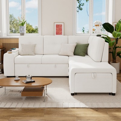 94"W L-Shaped Sectional Sofa with Movable Ottoman and Stool, Pull-out Sofa Bed with Storage Space, 1 Cup Holder & 2 USB Ports - ModernLuxe