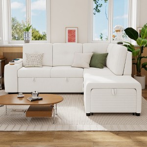 94"W L-Shaped Sectional Sofa with Movable Ottoman and Stool, Pull-out Sofa Bed with Storage Space, 1 Cup Holder & 2 USB Ports - ModernLuxe - 1 of 4