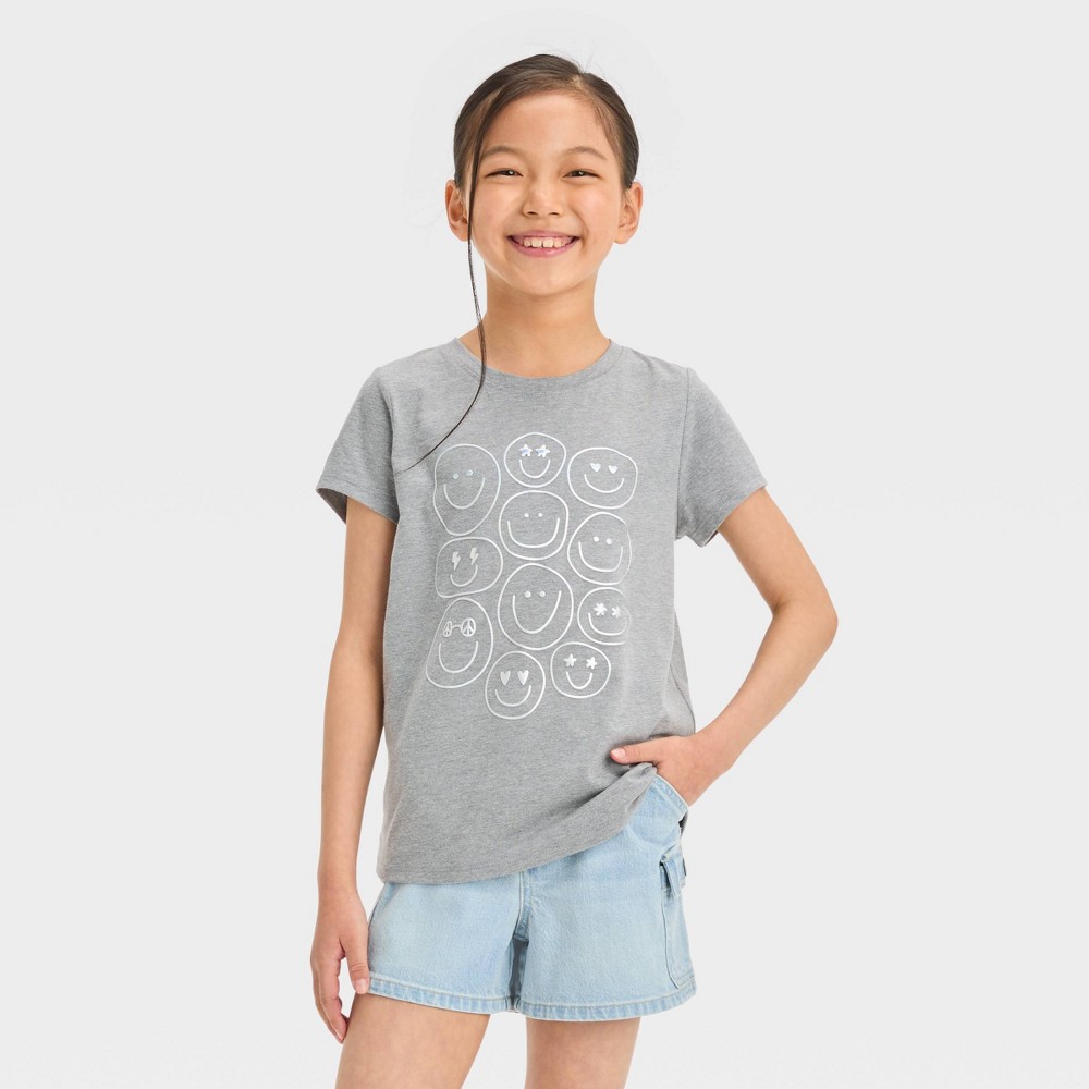 Size L (10-12) Girls' Short Sleeve 'Smiles' Graphic T-Shirt - Cat & Jack™ Gray L