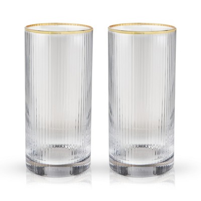 Gold Rimmed Clear Rippled Highball Glasses Set of 2, 15oz