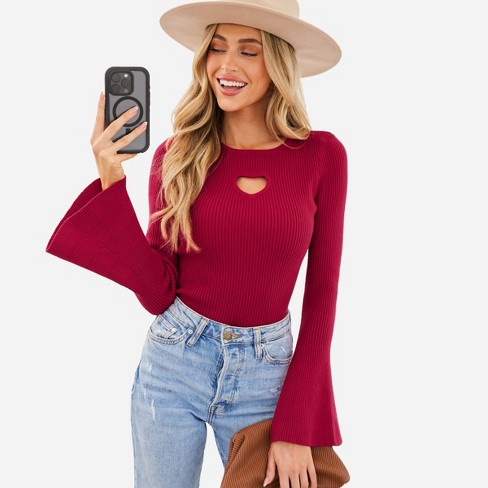 Women's Heart Cutout Ribbed Fitted Sweater - Cupshe-l-red : Target
