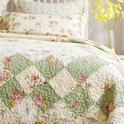 Ivory and Sage Floral Patchwork Cotton Quilt Set, Full