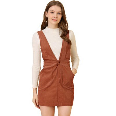 INSPIRE CHIC Women's V-Neck Corduroy Strap Back Overall Mini Pinafore Dress