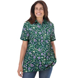 Woman Within Plus Size Perfect Printed Short-Sleeve Polo Shirt - 1 of 4