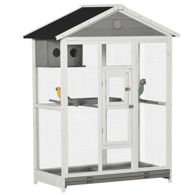 PawHut 64.5" Wooden Bird Cage Aviary, Flight Cage with 4 Perches, Nest and Slide-Out Tray for Indoor/Outdoor, Grey