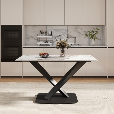 55" Modern Rectangular Dining Table for 6,Sintered Stone Top with Black Metal X-Leg Base-Maison Boucle