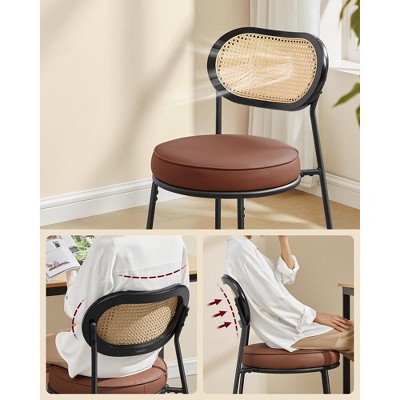 Brown Upholstered Rattan and Cane Dining Chairs with Black Steel Legs