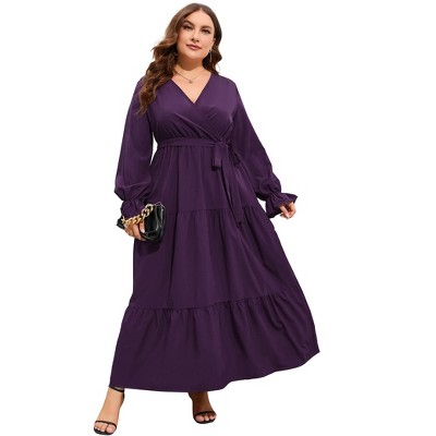 Plus Size Women's V-Neck High Waist Maxi Dress with Tiered Ruffle Hem and Long Sleeves
