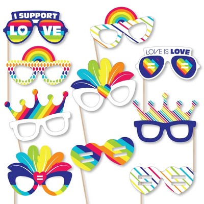 Big Dot of Happiness Love is Love - LGBTQIA+ Pride Glasses - Paper Card Stock Rainbow Party Photo Booth Props Kit - 10 Count