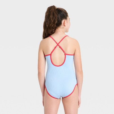 Детские купальники Art Class Girls' Rosette Ribbed One Piece Swimsuit - art class™ Blue/Red L — фото 2