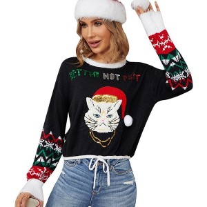 BLUEMING Womens Ugly Pullover Christmas Sweater Crew Neck Long Sleeve Better Not Pout Cat Sequin Sweater Shirt - 1 of 4