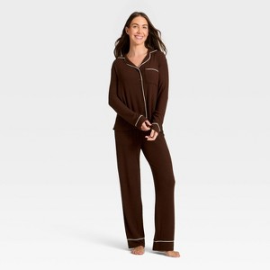 Women's Cozy Ribbed Notch Collar Long Sleeve Shirt and Pants Pajama Set - Auden™ - 1 of 3