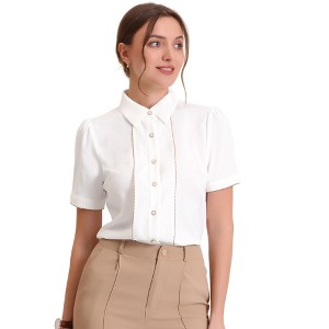 Allegra K Women's Contrast Trim Point Collar Puff Short Sleeve Button Down Shirt - 1 of 4