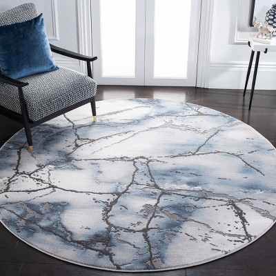 Gray and Blue Round Abstract Hand-Knotted Area Rug