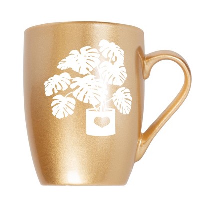 Elanze Designs Botanical Foliage Nature Coffee Cup Mug 10 Ounce Ceramic With Shimmery Metallic Finish Elegant Minimalist Monstera in Heart Planter