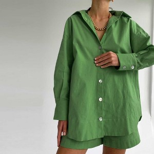 Woman Solid Shorts Set – Casual Fit Long-Sleeve Lapel Shirt & Shorts, Cotton Lined Cherie Code - 1 of 4