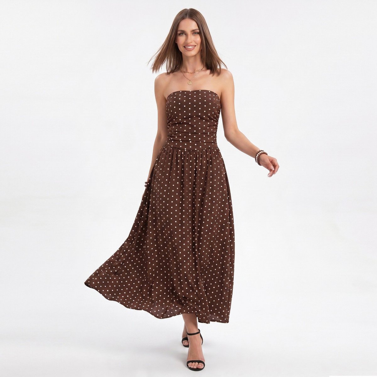 Женские платья Anna-Kaci Women's Polka Dot Strapless Maxi Dress with Ruched Bodice and Full Skirt - Small, Coffee — фото 3