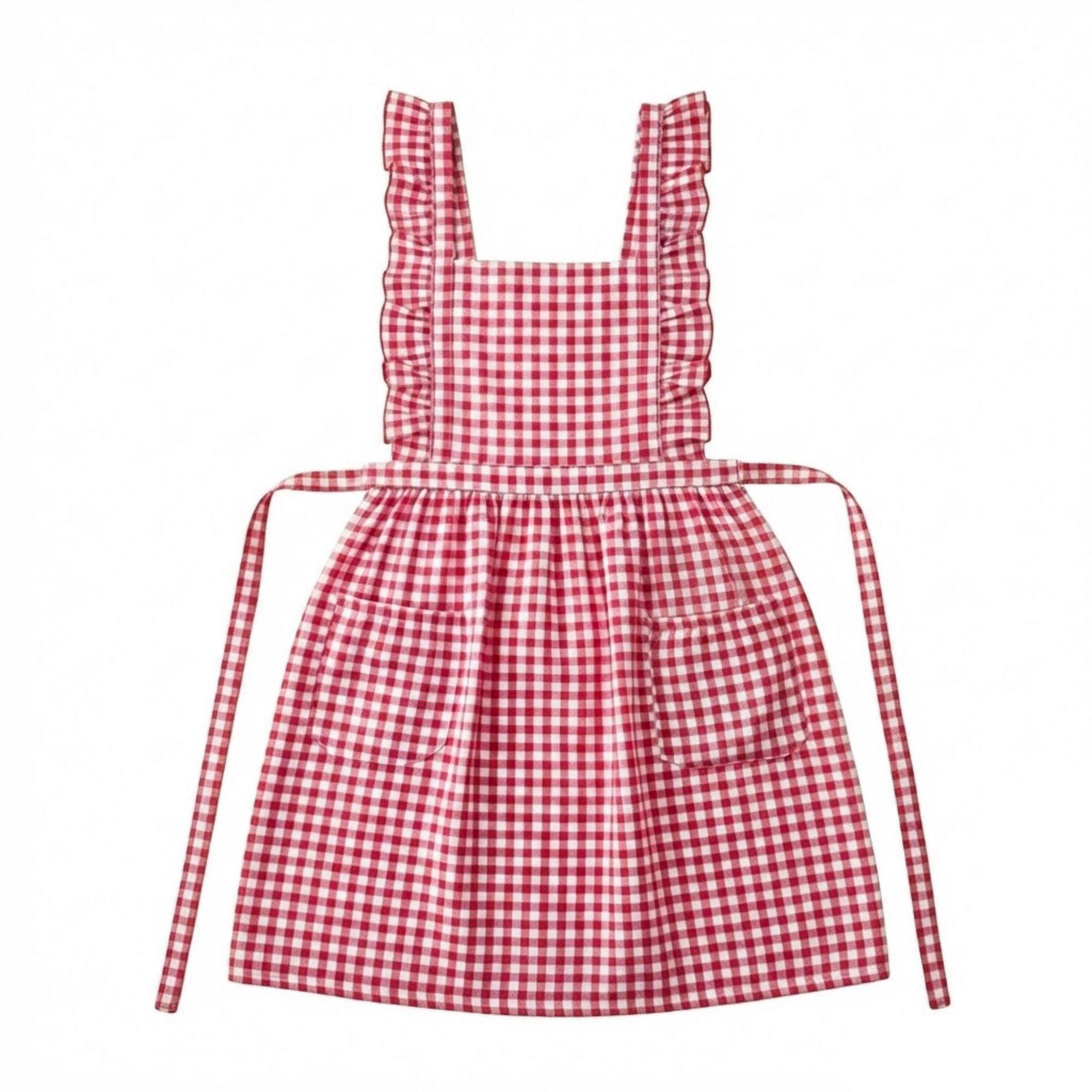 Alilang Gingham Ruffle Kitchen Apron with Square Bib Design Dual Front Pockets and Adjustable Waist Ties - Pink