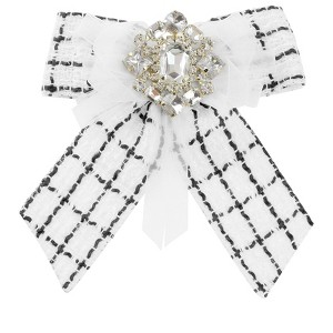 INSPIRE CHIC Women's Pre-Tied Neck Tie Tweed Ribbon Plaid Bowknot Brooch Pin with Rhinestones - 1 of 4