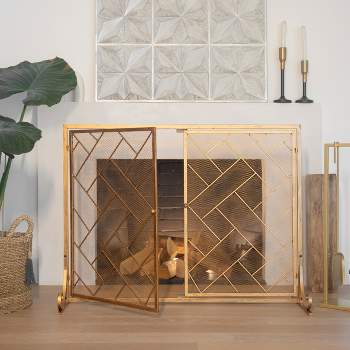 Barton 45" x 33" 2-Panel Wrought Iron Mesh Fireplace Screen, Fire Spark Guard With Magnetic Doors, Gold