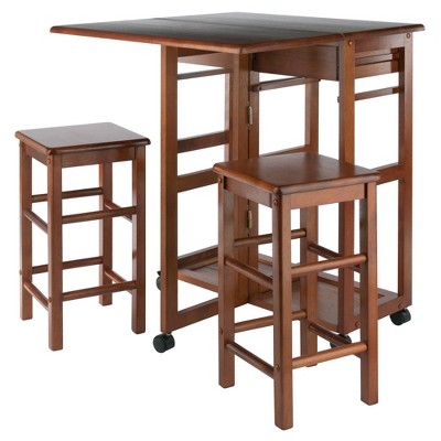 Teak 3-Piece Space Saver Drop Leaf Dining Set with Stools