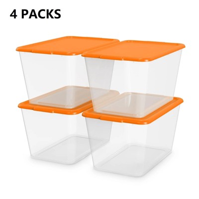 DOMETOUR 14.5-Gallon Reusable Stacking Plastic Storage Containers with Lids, Tangelo Orange/Clear (Pack of 4)