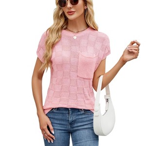 Women's Checkered Knit Round Neck Short Sleeve Top Lightweight and Stylish Summer Sweater T-Shirt - 1 of 4