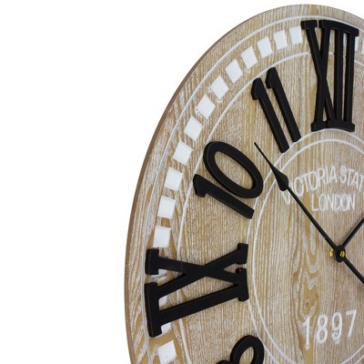 24" Black and Whitewash Wood Round Wall Clock with Roman Numerals
