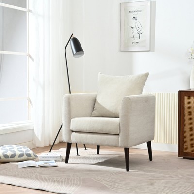 Runesay Beige Modern Chenille Accent Armchair with Pillow and Wood Legs for Living Room, Bedroom, Small Space