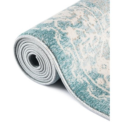 Light Blue and Ivory Abstract Stain-Resistant Rectangular Rug