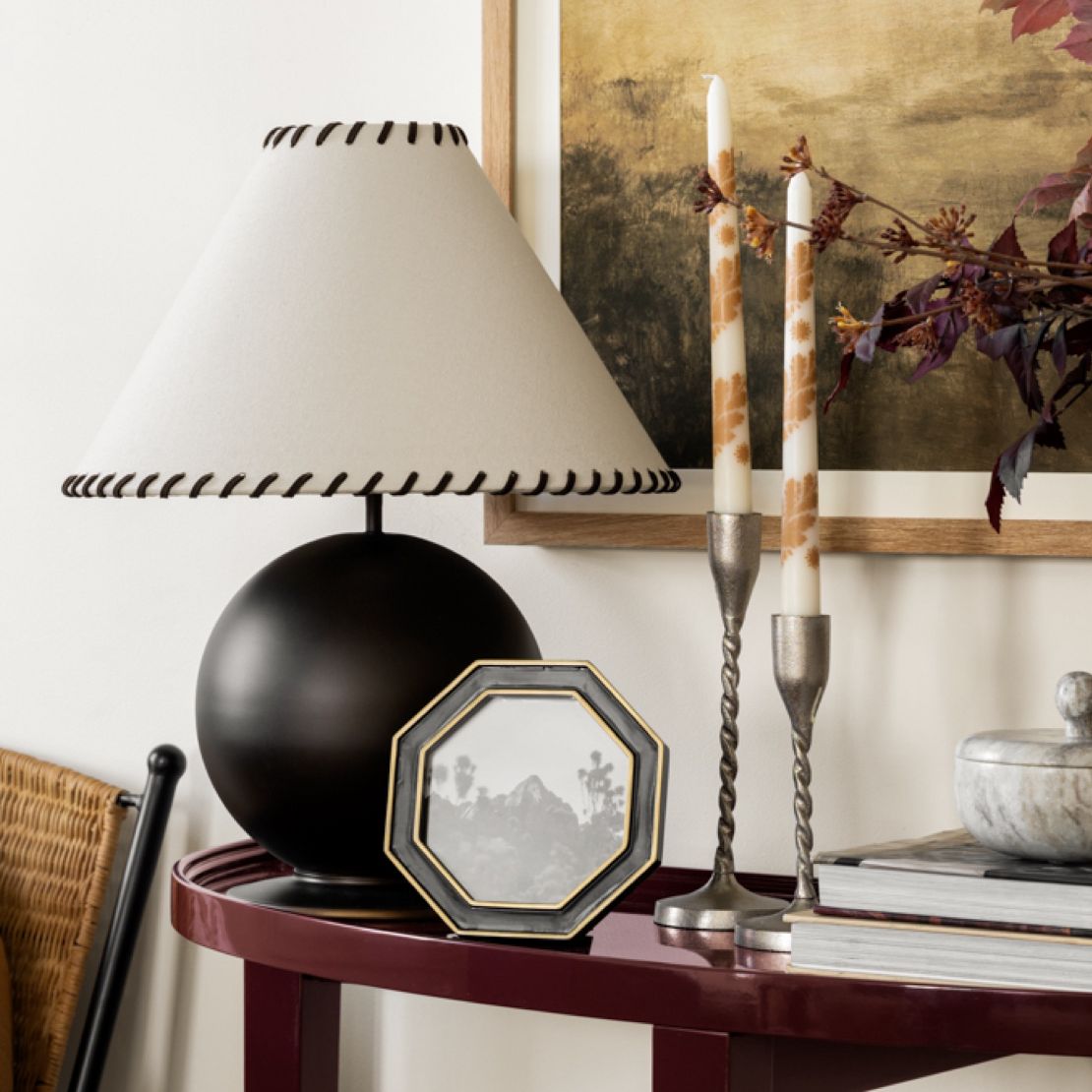 Layered decor on console table