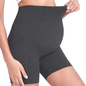 NPolar"Seamless Maternity Shorts - High Waist Over Belly Shapewear with Pockets for Yoga & Fitness"Grey - 1 of 4