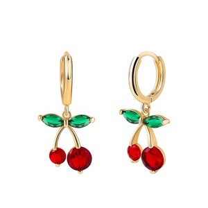 Cherry Earrings for Women Cherry Jewelry Gold Dangle Hoop Earring Green Red Dainty Lightweight Earrings 3D Fruit Charm Strawberry Jewelry Cherry Gifts - 1 of 4