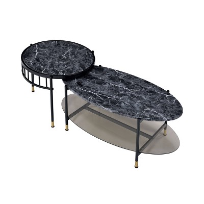 Silas Black Faux Marble 2-Piece Nesting Coffee Table Set