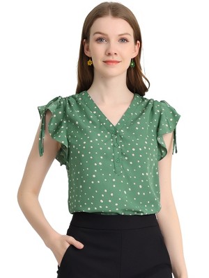Allegra K Women's Chiffon Ruffle Flutter Sleeves Half Placket V Neck Dot Print Blouse