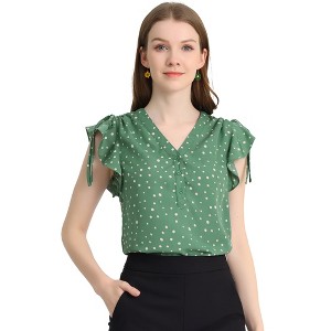Allegra K Women's Chiffon Ruffle Flutter Sleeves Half Placket V Neck Dot Print Blouse - 1 of 4
