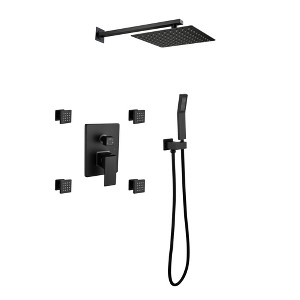 ALEXOUN  Shower System, 10-Inch Matte Black Full Body Shower System with Body Jets, Square Rainfall Shower Head, Handheld Shower - 1 of 4
