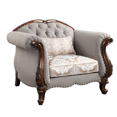 Elegant Floral Button-Tufted Accent Chair with Cherry Queen Anne Legs