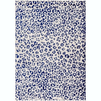 Alem Navy and White Synthetic Fur Leopard Print Area Rug