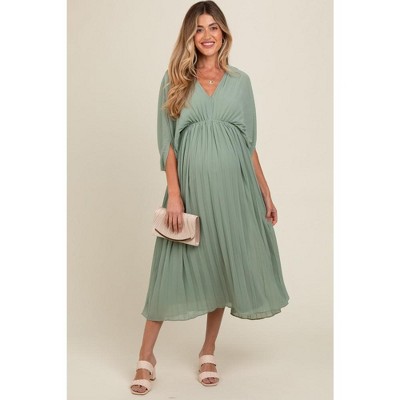 PinkBlush Light Olive Pleated V Neck Maternity Maxi Dress